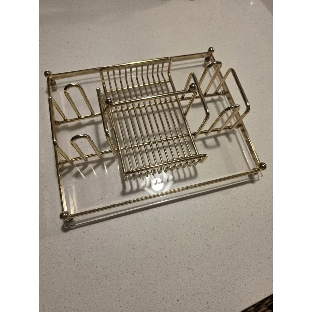 Vintage‎ MCM Gold Tone Metal & Lucite MAKE-UP Silverware Buffett Caddy Tray